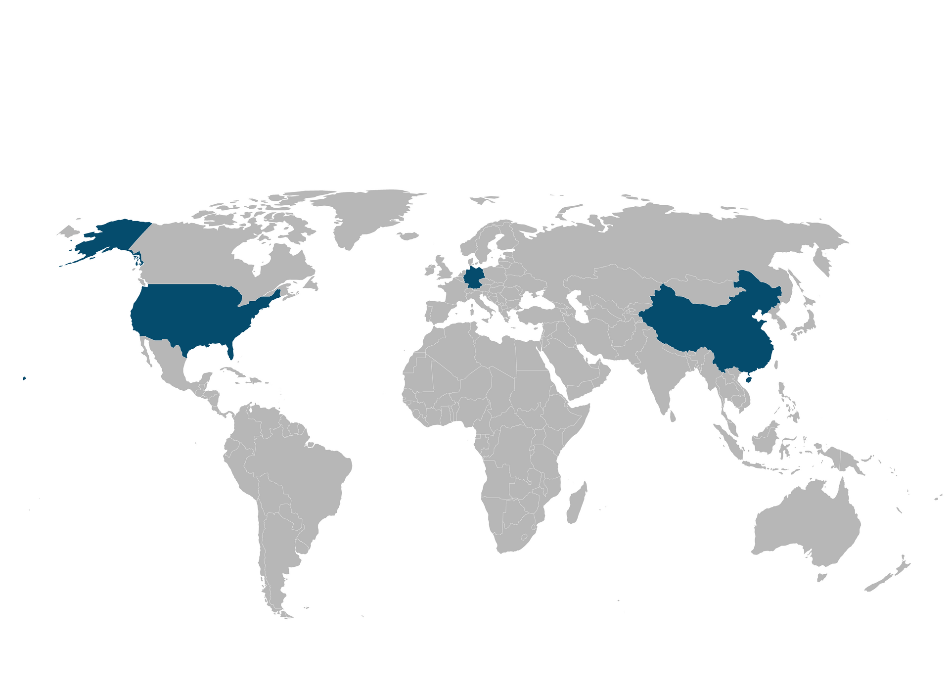 Weltkarte mit Markierungen bei den USA, Deutschland und China